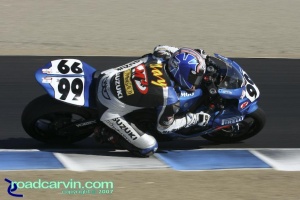 2007 Pro Honda Oils Supersport Championship - Geoff May T3: Geoff May aboard the M4 EMGO Suzuki GSX-R600 railing it through turn 3.